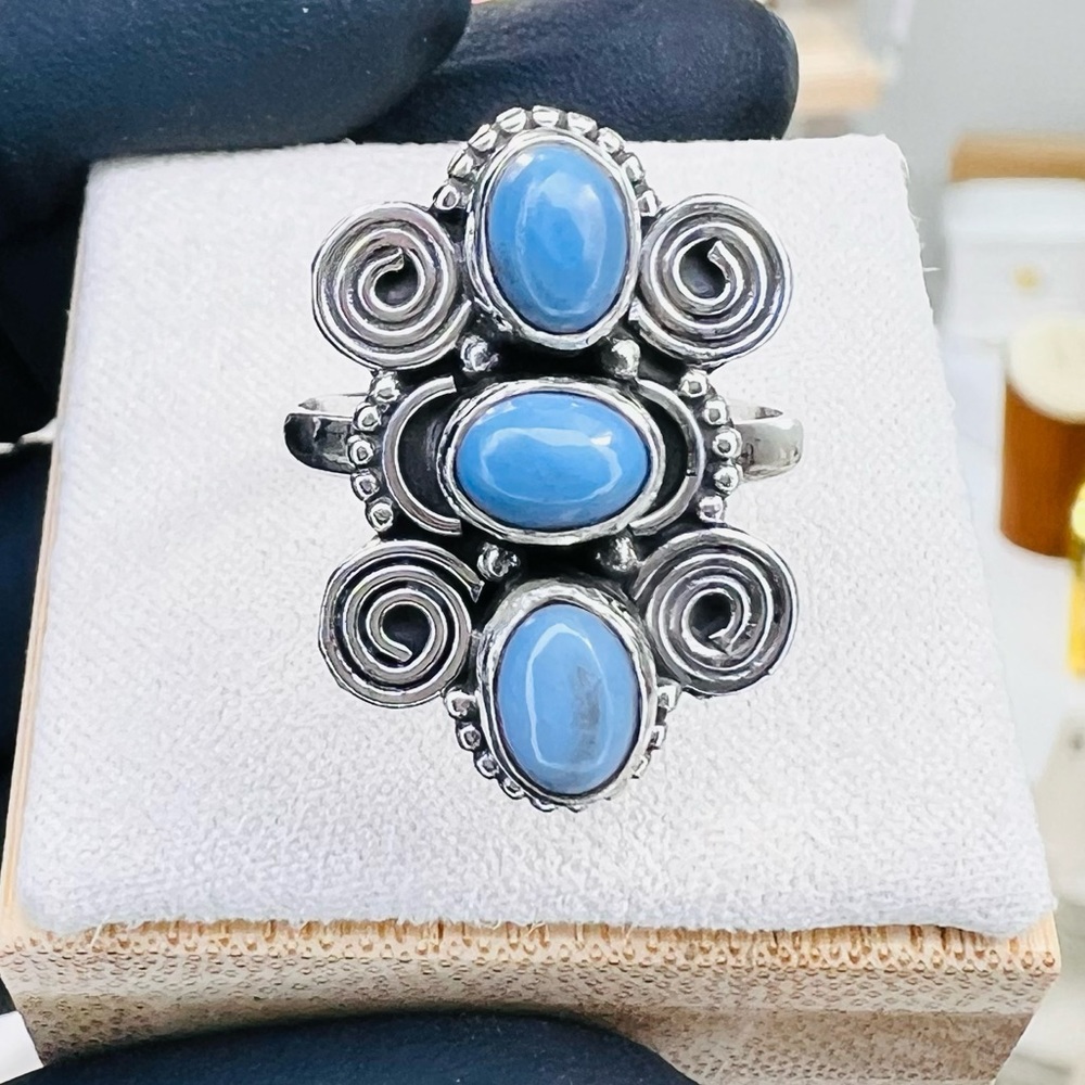 Three-Stone Handmade Golden Hills Turquoise Ring Sterling Silver Size 6.5